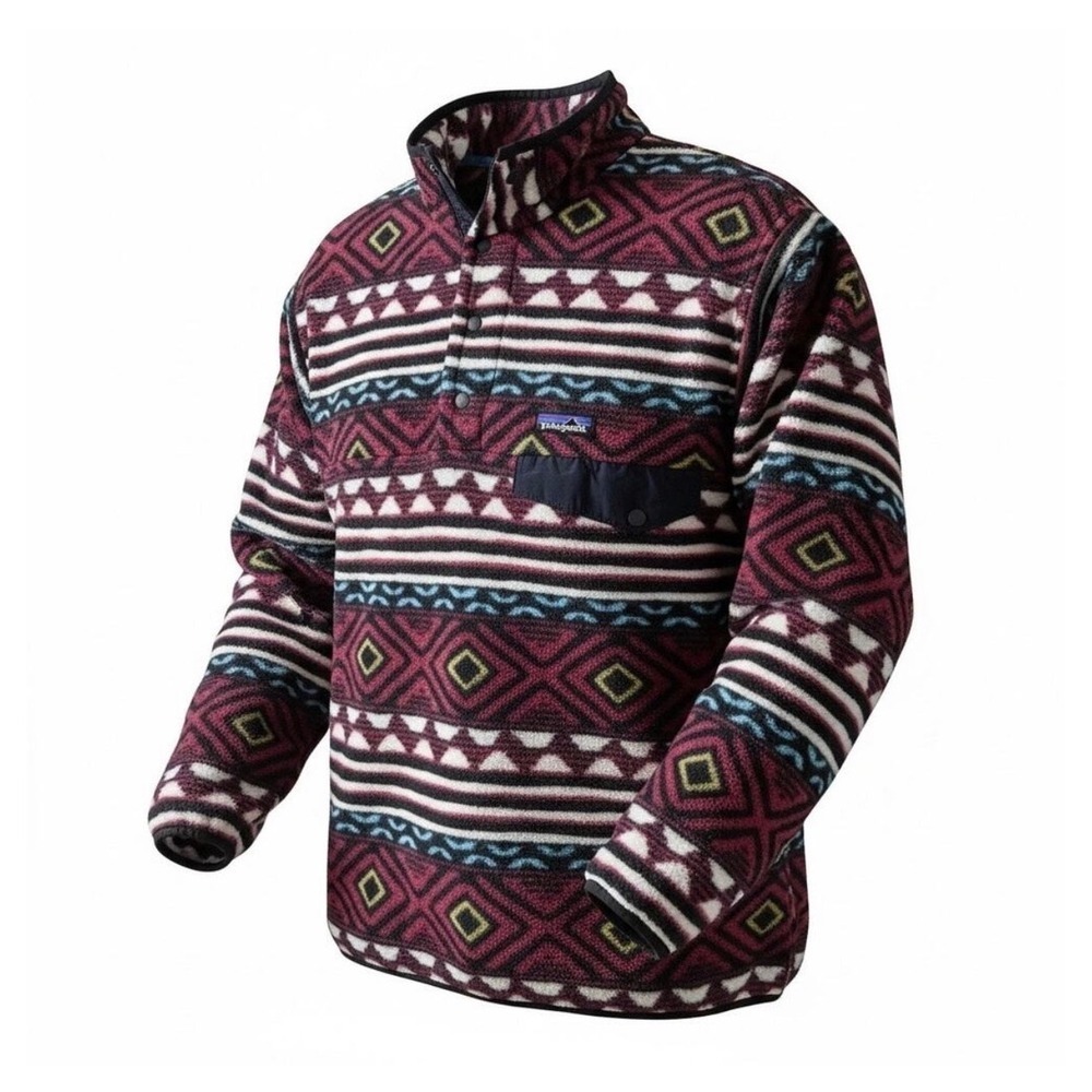 Patagonia Fleece Men M Burgundy Synchilla Snap-T Aztec Geometric Pullover Jacket